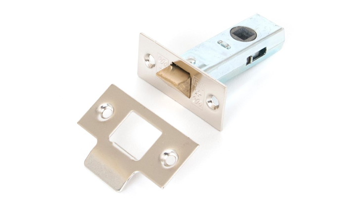 Nickel standard tubular mortice latch and matching receiver plate on a white background.