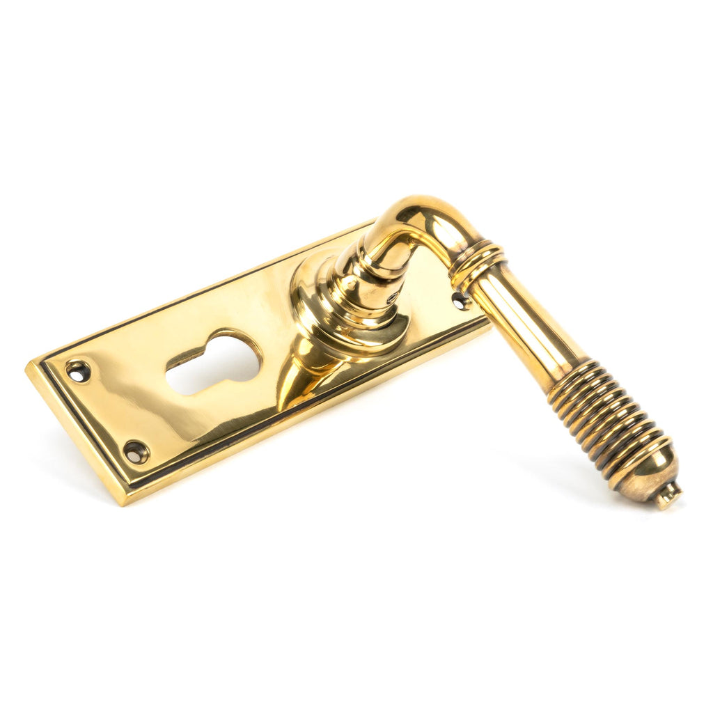 White background image of From The Anvil's Aged Brass Reeded Lever Euro Lock Set | From The Anvil