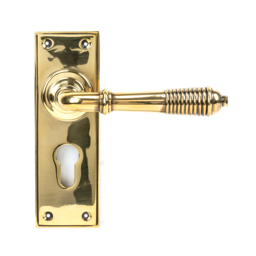 White background image of From The Anvil's Aged Brass Reeded Lever Euro Lock Set | From The Anvil
