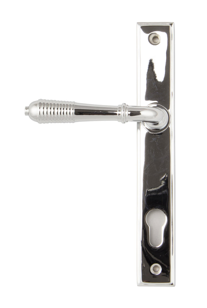 White background image of From The Anvil's Polished Chrome Reeded Slimline Lever Espag. Lock Set | From The Anvil