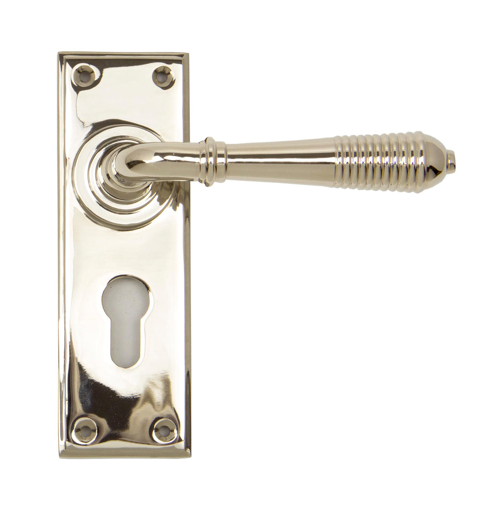White background image of From The Anvil's Polished Nickel Reeded Lever Euro Lock Set | From The Anvil