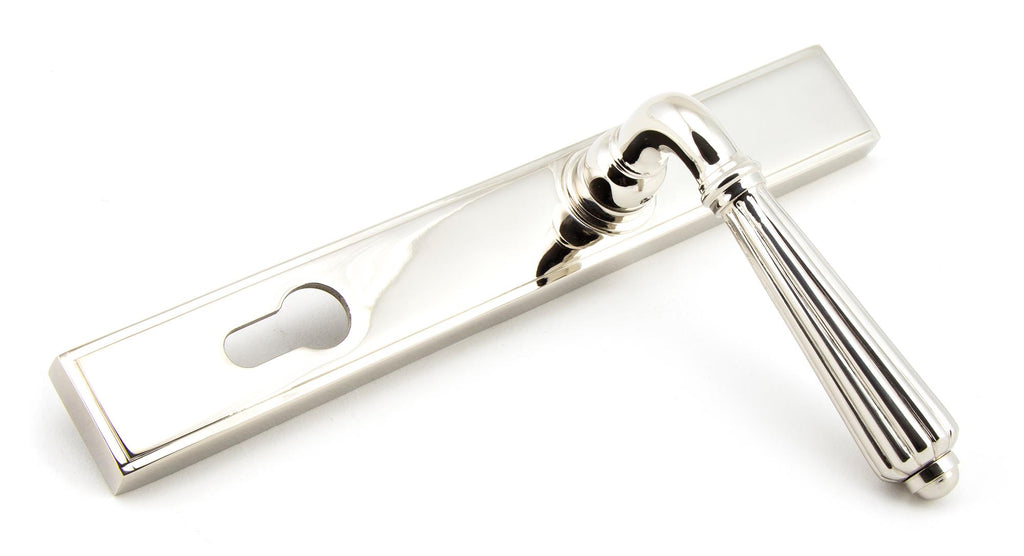 White background image of From The Anvil's Polished Nickel Hinton Slimline Lever Espag. Lock Set | From The Anvil