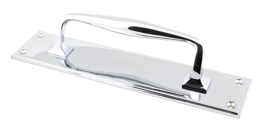 White background image of From The Anvil's Polished Chrome Art Deco Pull Handle on Backplate | From The Anvil