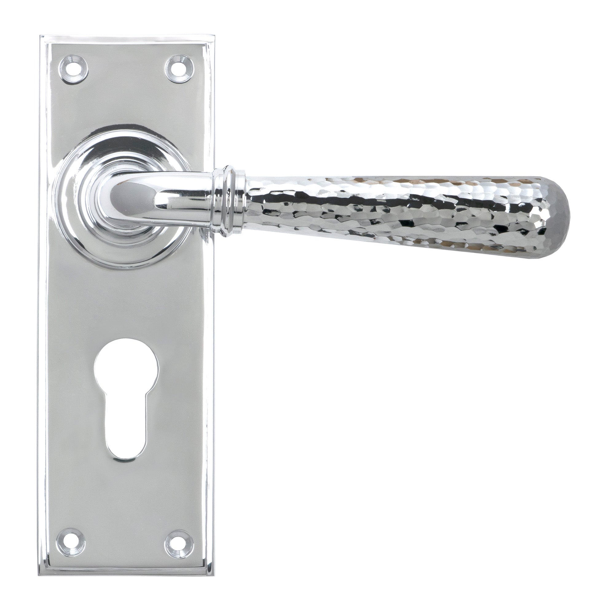 From The Anvil's Polished Chrome Hammered Newbury Lever Euro Lock Set