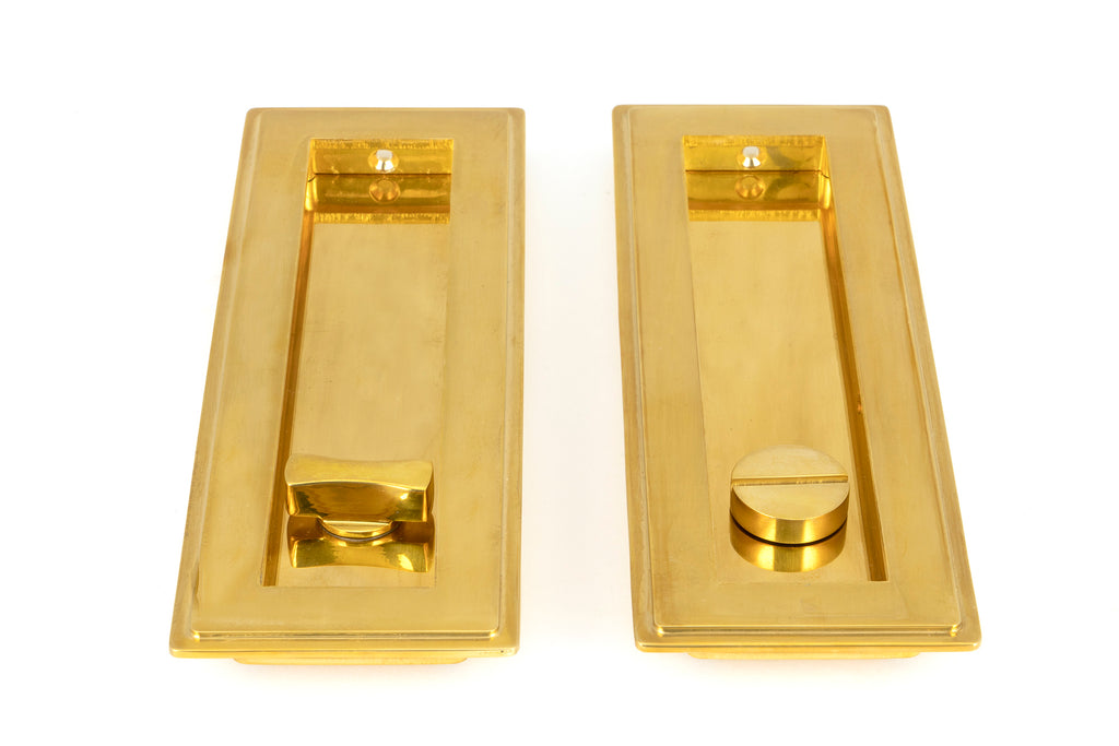 White background image of From The Anvil's Polished Brass Art Deco Rectangular Pull - Privacy Set | From The Anvil