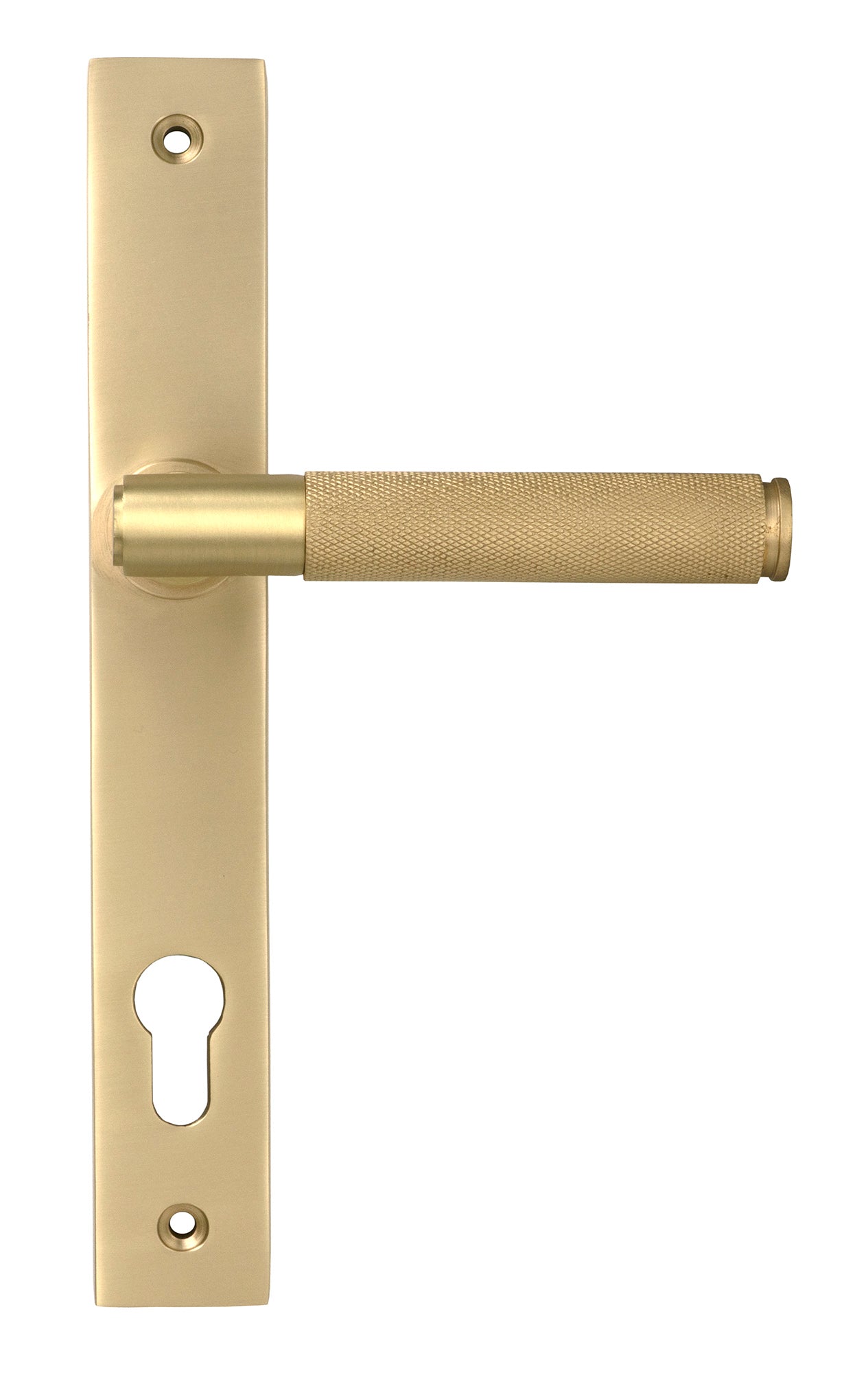 From The Anvil's Satin Brass Brompton Slimline Lever Espag. Lock Set