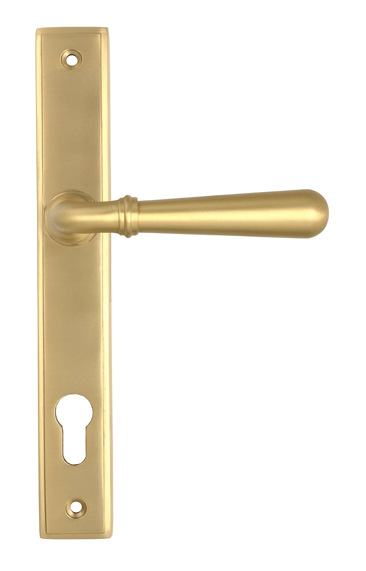 From The Anvil's Satin Brass Newbury Slimline Lever Espag. Lock Set