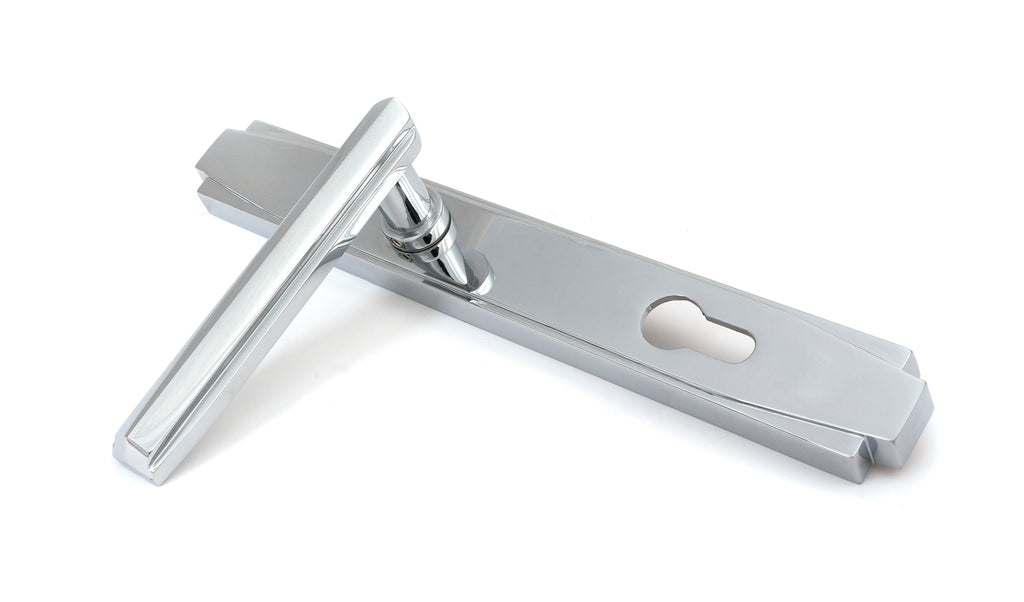 White background image of From The Anvil's Polished Chrome Art Deco Slimline Lever Espag. Lock Set | From The Anvil