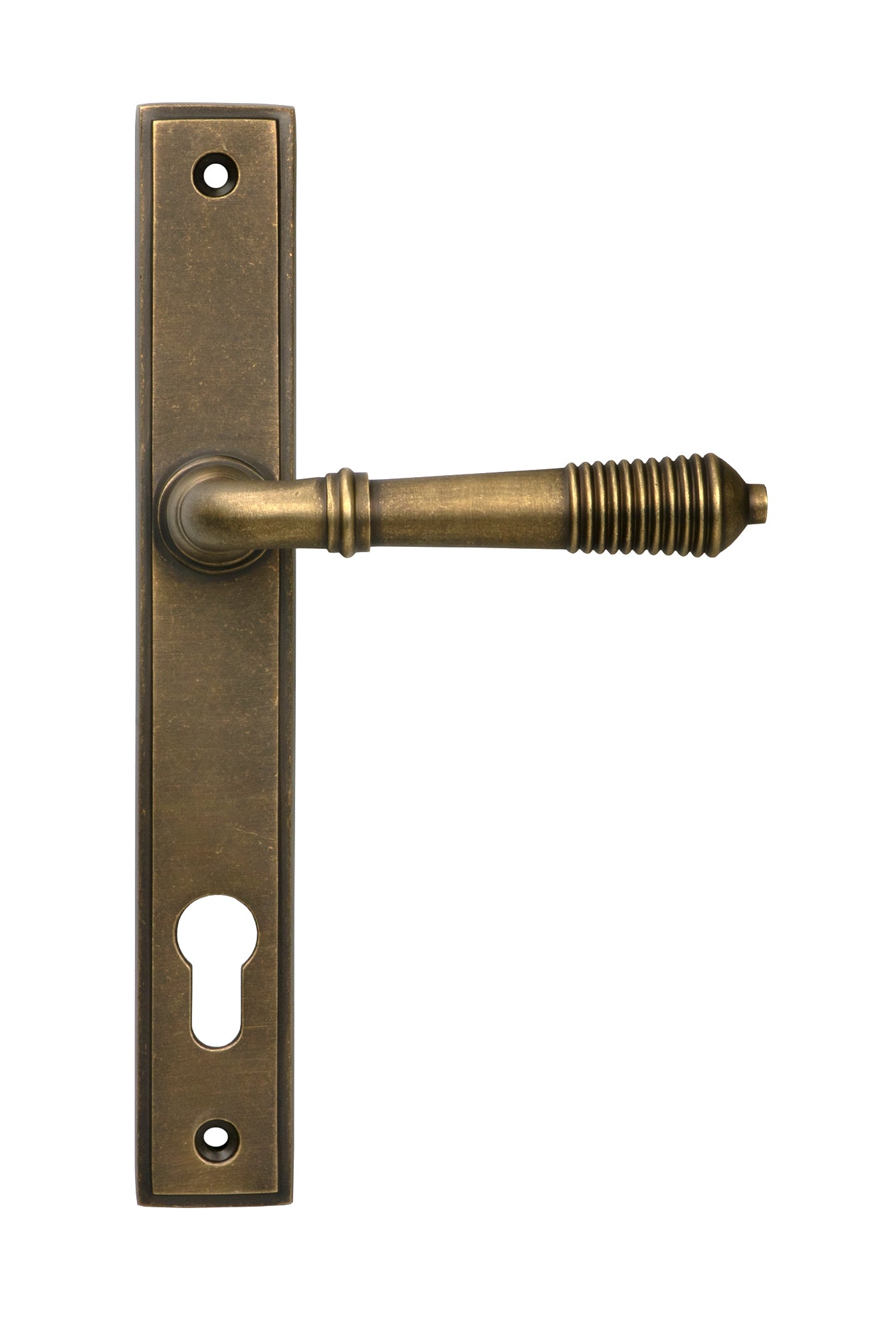 From The Anvil's Burnished Brass Reeded Slimline Lever Espag. Lock Set