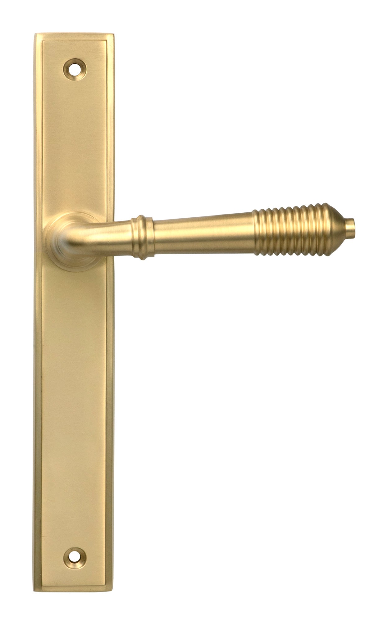 From The Anvil's Satin Brass Reeded Slimline Lever Espag. Latch Set