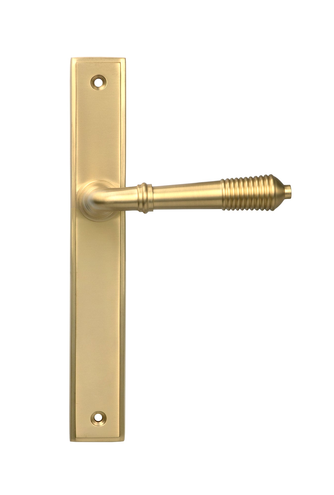 From The Anvil's Satin Brass Reeded Slimline Lever Espag. Latch Set