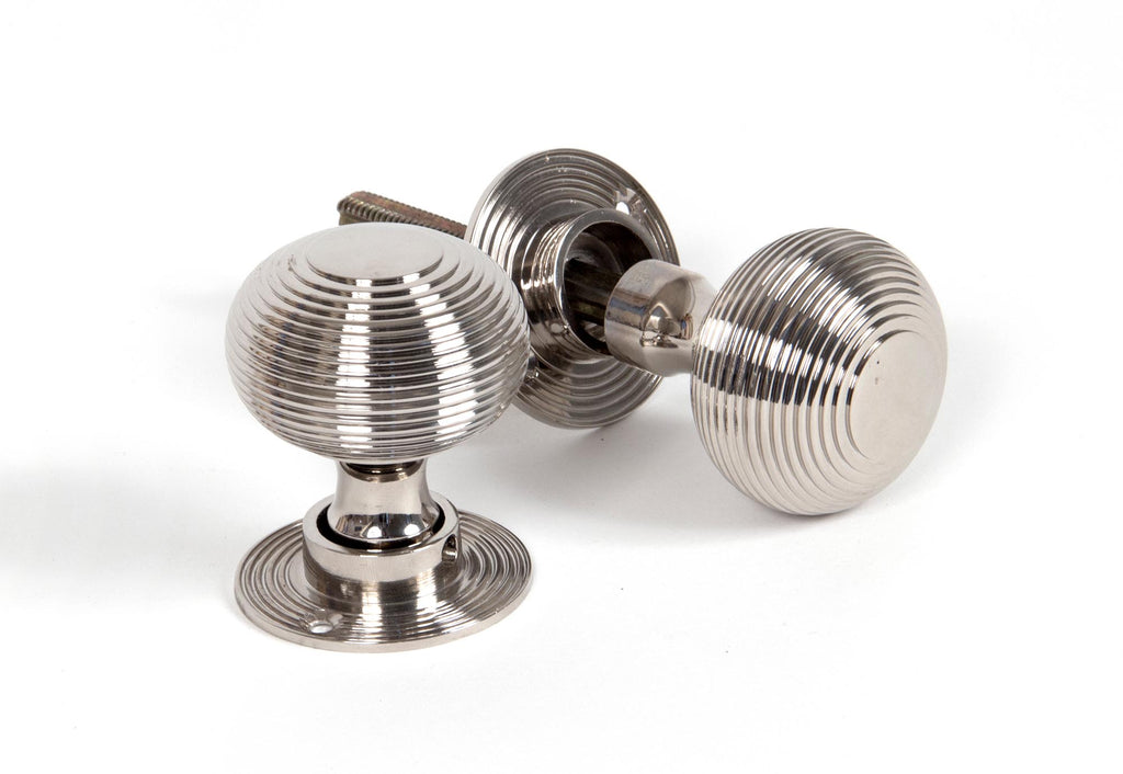 White background image of From The Anvil's Polished Nickel Heavy Beehive Mortice/Rim Knob Set | From The Anvil
