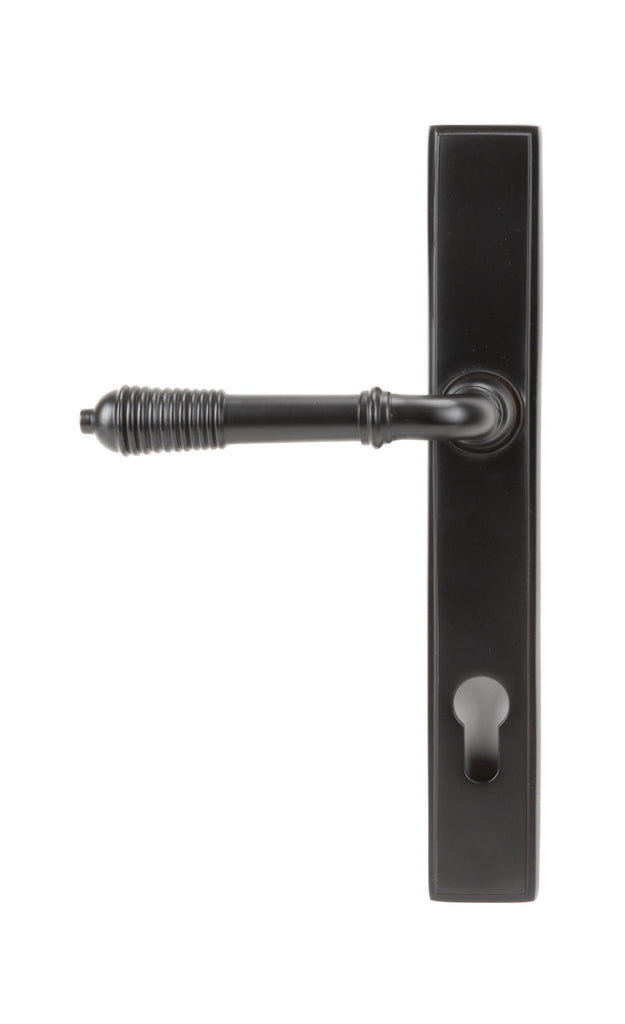 White background image of From The Anvil's Aged Bronze Reeded Slimline Lever Espag. Lock Set | From The Anvil