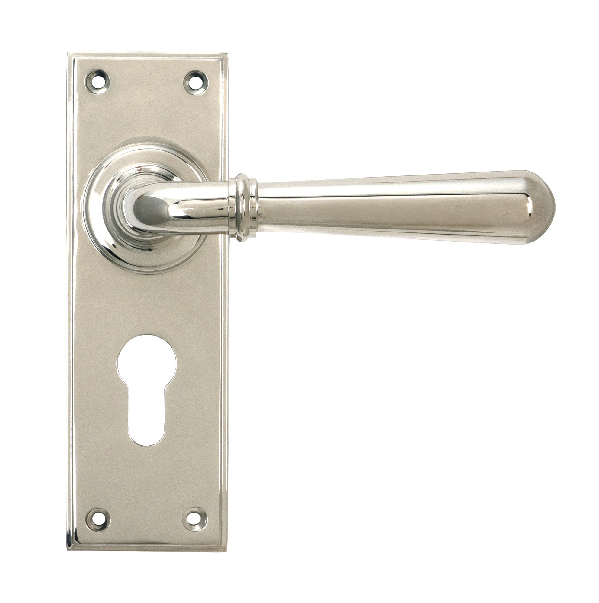 From The Anvil's Polished Nickel Newbury Lever Euro Lock Set