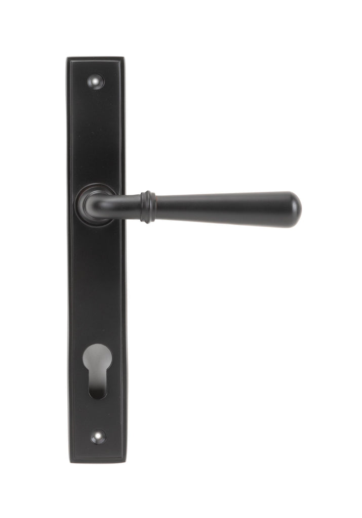 White background image of From The Anvil's Aged Bronze Newbury Slimline Lever Espag. Lock Set | From The Anvil