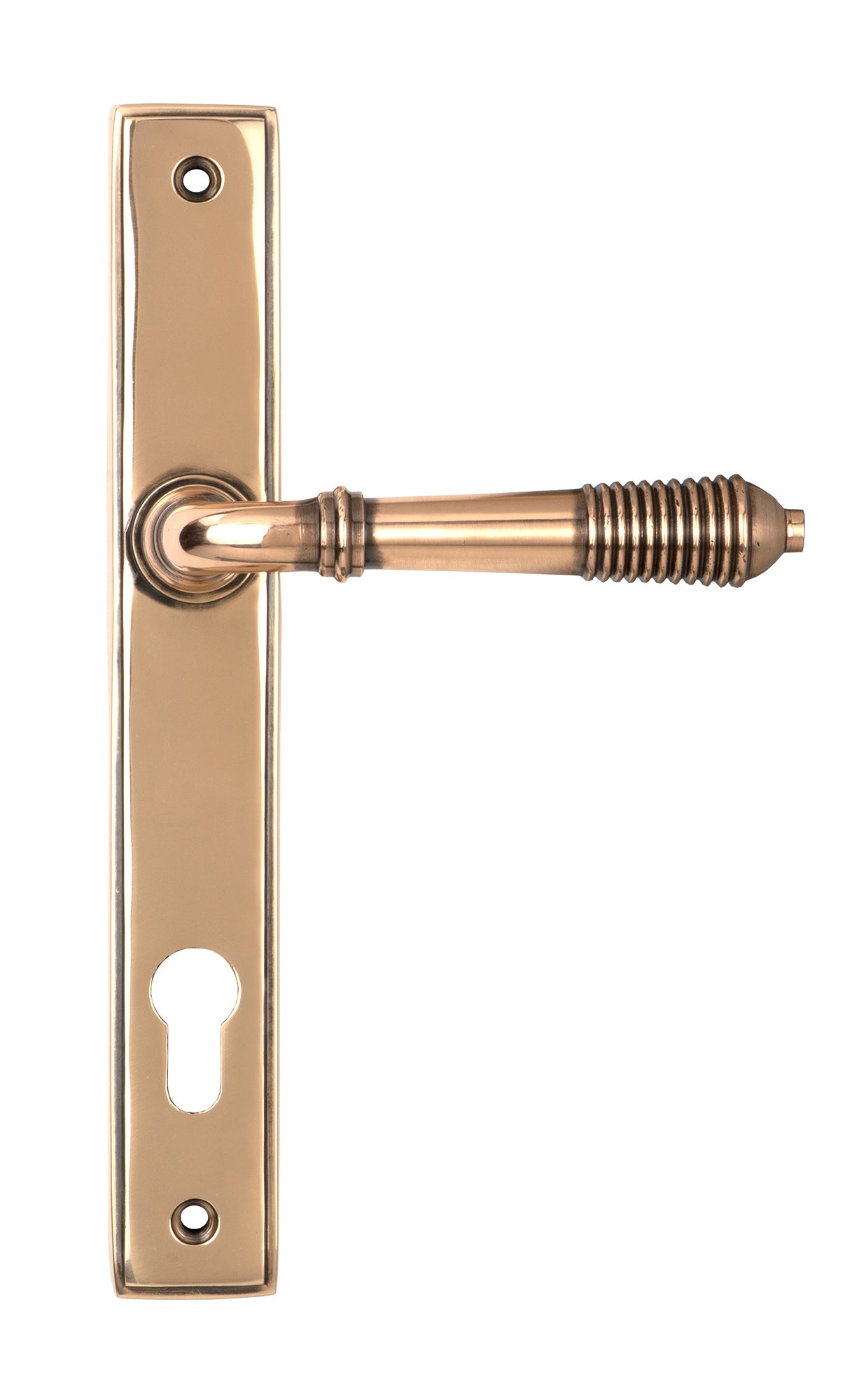 From The Anvil's Polished Bronze Reeded Slimline Lever Espag. Lock Set