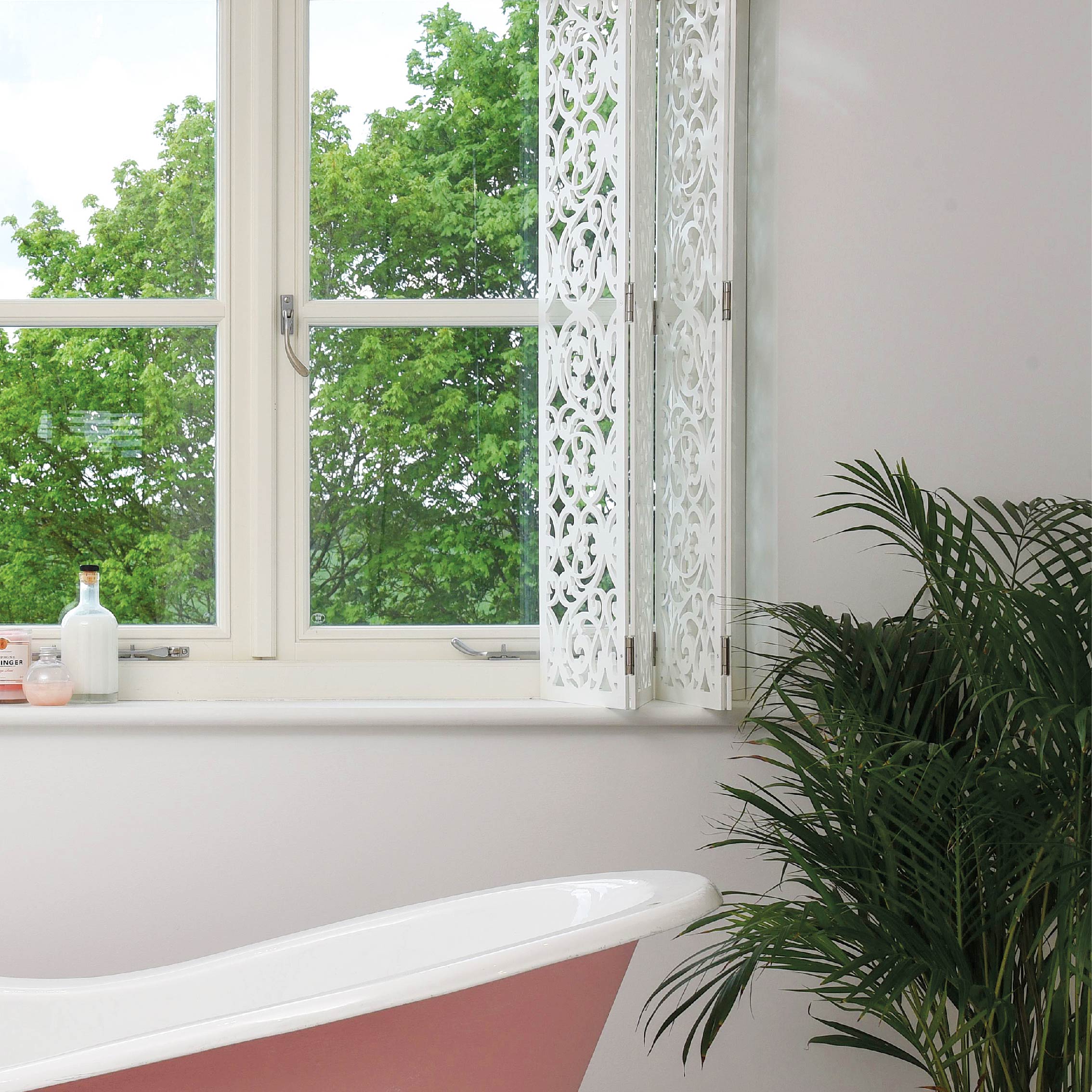 From The Anvil Pewter window stays and window fastener in a modern bathroom.