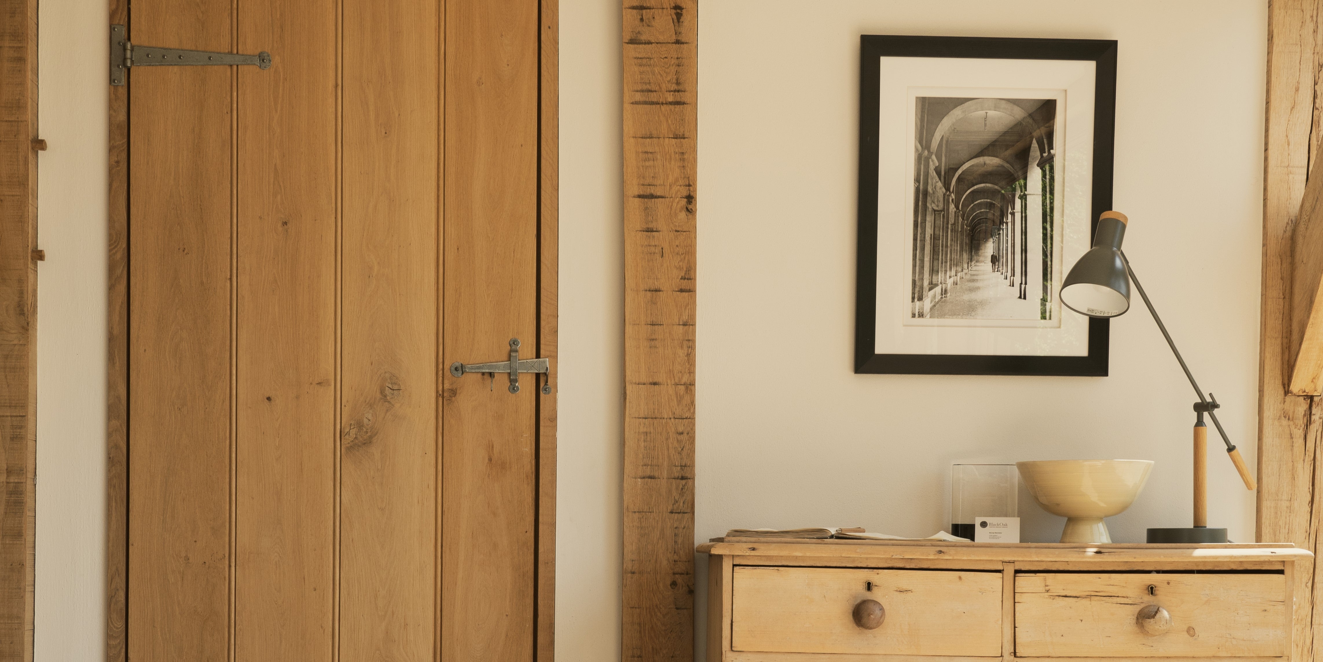 Wooden ledge and brace door with Pewter T hinges and From The Anvil Pewter thumblatch.