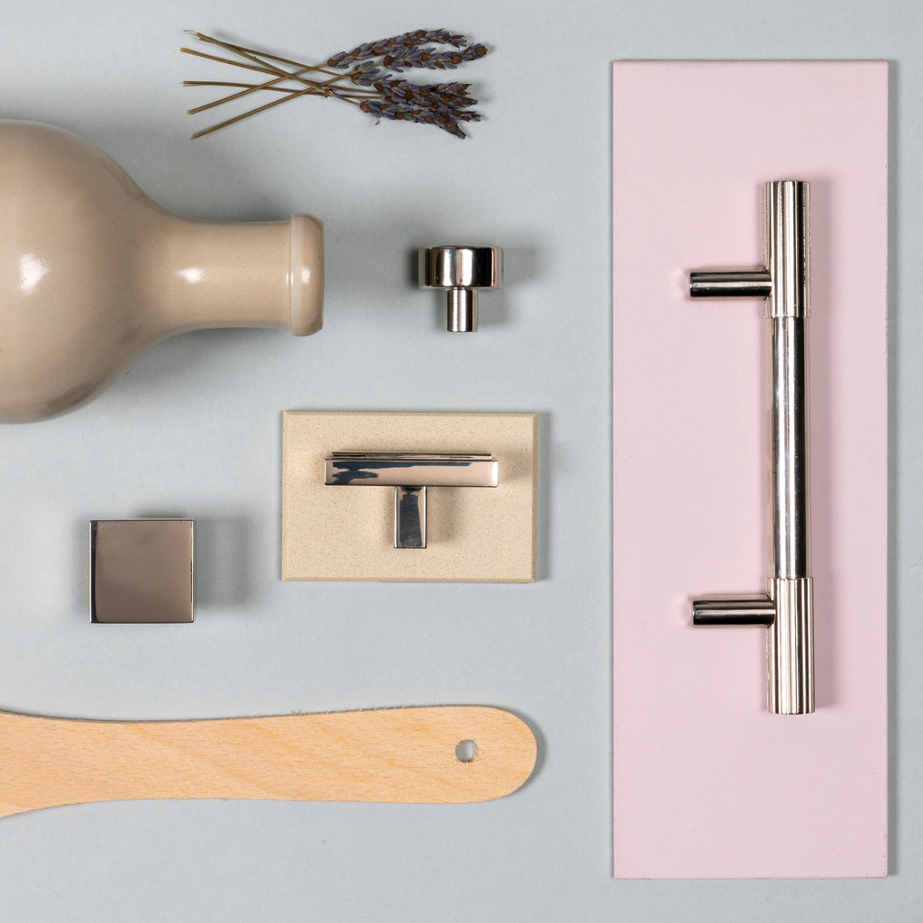 Moodboard of From The Anvil's Polished Nickel cabinet handles, pull handles, and cabinet knobs.