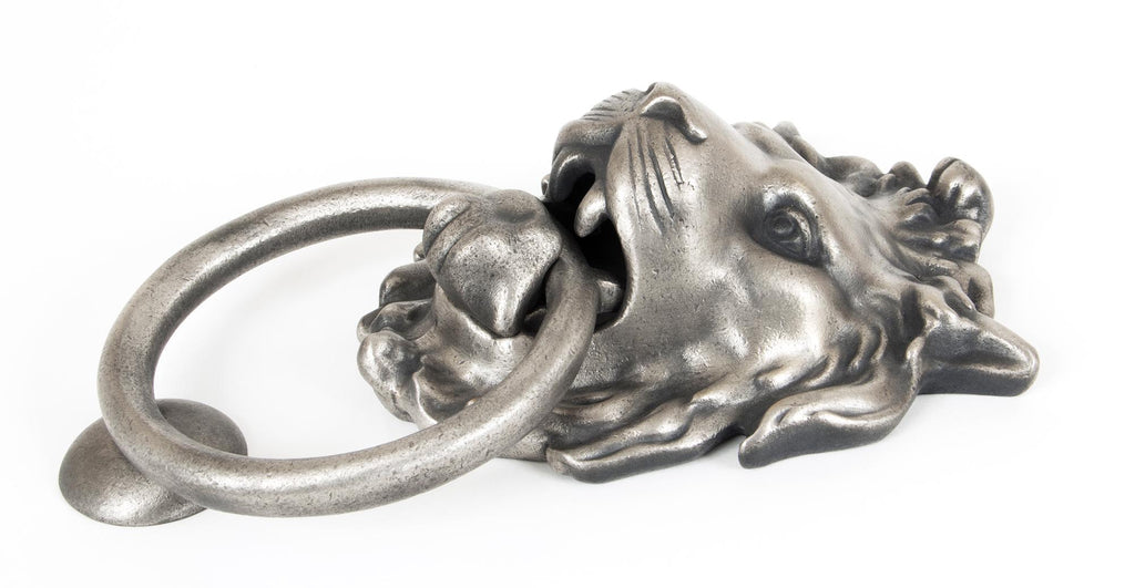 White background image of From The Anvil's Antique Pewter Lion's Head Door Knocker | From The Anvil