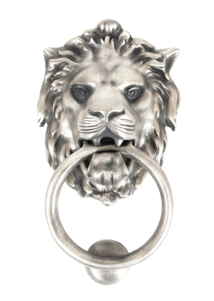 White background image of From The Anvil's Antique Pewter Lion's Head Door Knocker | From The Anvil