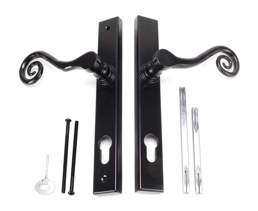 White background image of From The Anvil's Black Monkeytail Slimline Lever Espag. Lock Set | From The Anvil