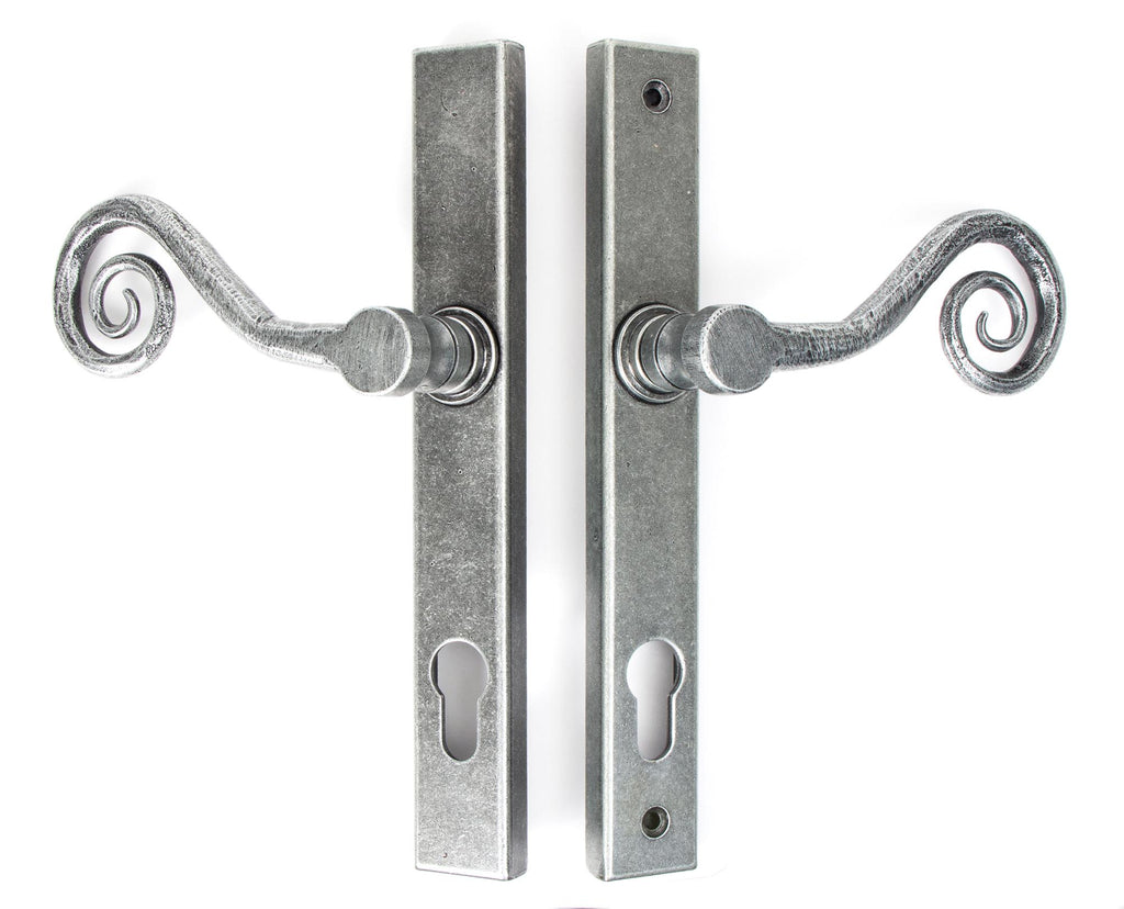 White background image of From The Anvil's Pewter Patina Monkeytail Slimline Lever Espag. Lock Set | From The Anvil