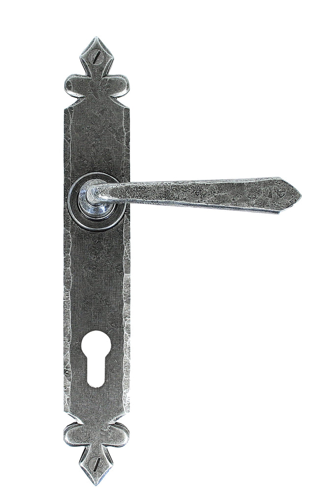 White background image of From The Anvil's Pewter Patina Cromwell Lever Espag. Lock Set | From The Anvil