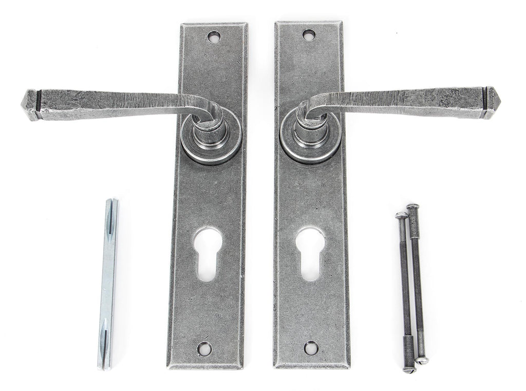 White background image of From The Anvil's Pewter Patina Large Avon Lever Euro Lock Set | From The Anvil