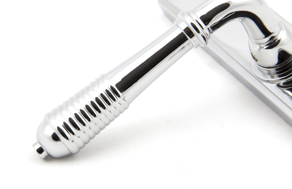 White background image of From The Anvil's Polished Chrome Reeded Slimline Lever Espag. Lock Set | From The Anvil