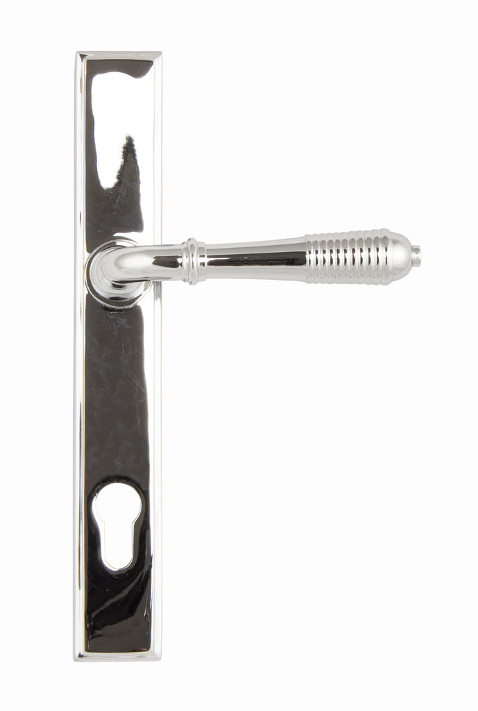 White background image of From The Anvil's Polished Chrome Reeded Slimline Lever Espag. Lock Set | From The Anvil