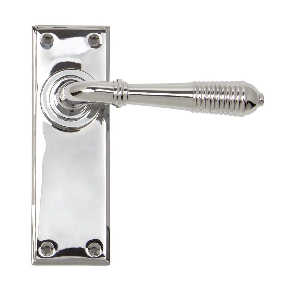 White background image of From The Anvil's Polished Chrome Reeded Lever Latch Set | From The Anvil