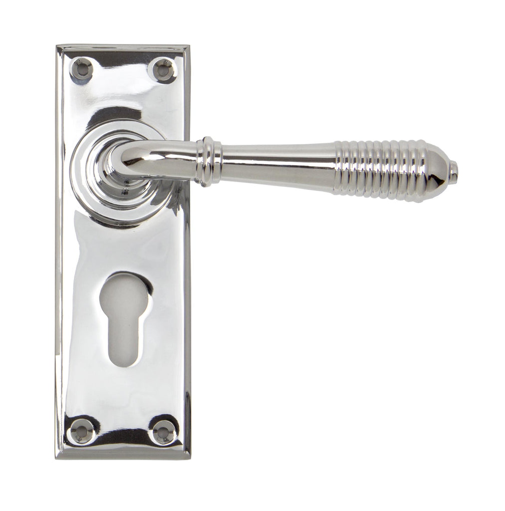 White background image of From The Anvil's Polished Chrome Reeded Lever Euro Lock Set | From The Anvil