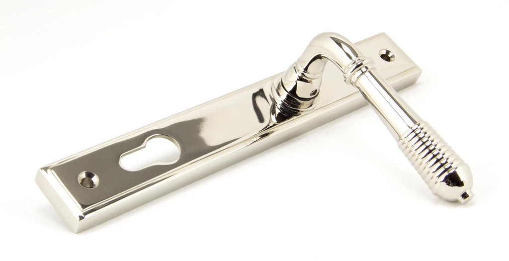 White background image of From The Anvil's Polished Nickel Reeded Slimline Lever Espag. Lock Set | From The Anvil