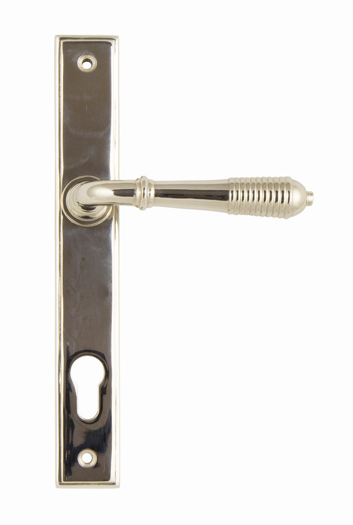 White background image of From The Anvil's Polished Nickel Reeded Slimline Lever Espag. Lock Set | From The Anvil