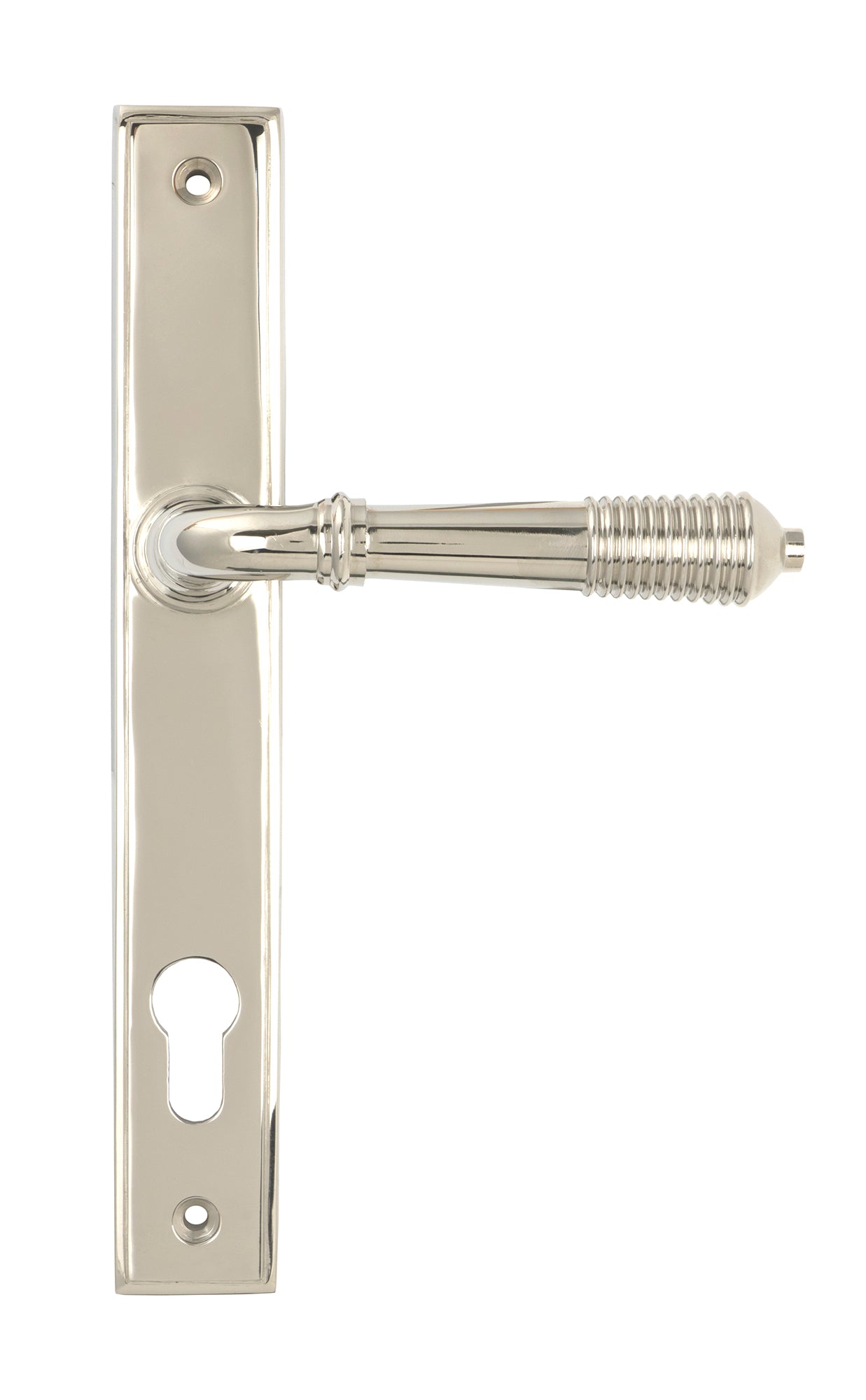 From The Anvil's Polished Nickel Reeded Slimline Lever Espag. Lock Set