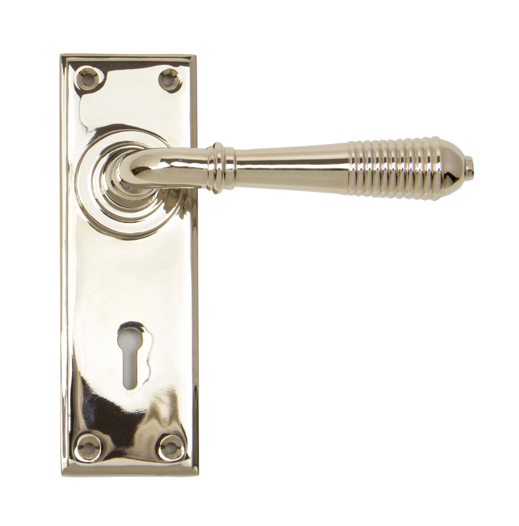 White background image of From The Anvil's Polished Nickel Reeded Lever Lock Set | From The Anvil