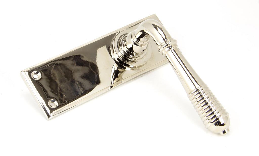 White background image of From The Anvil's Polished Nickel Reeded Lever Latch Set | From The Anvil