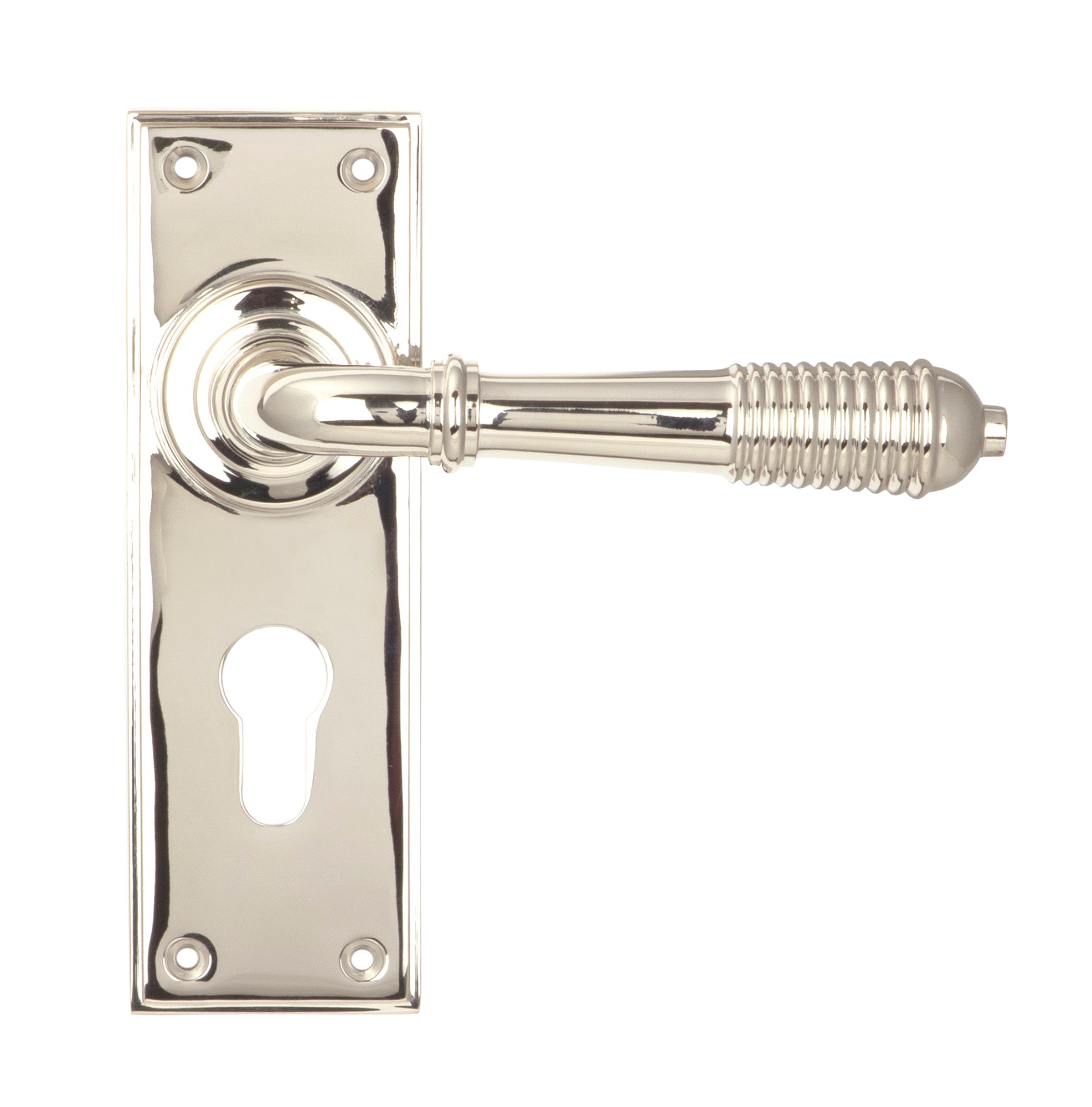 From The Anvil's Polished Nickel Reeded Lever Euro Lock Set