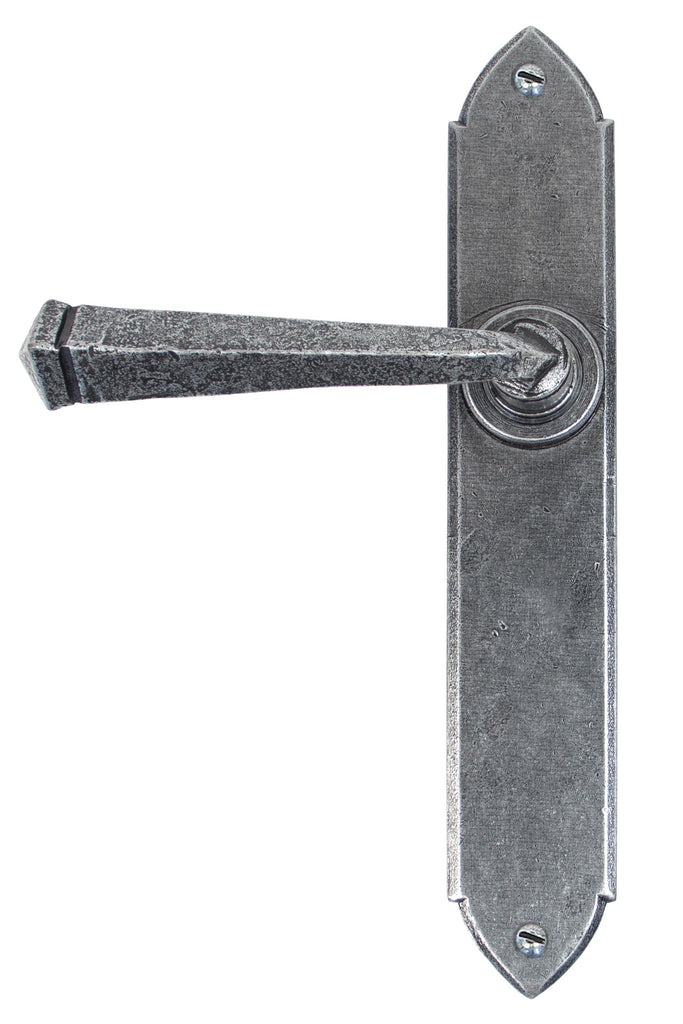 White background image of From The Anvil's Pewter Patina Gothic Lever Latch Set | From The Anvil