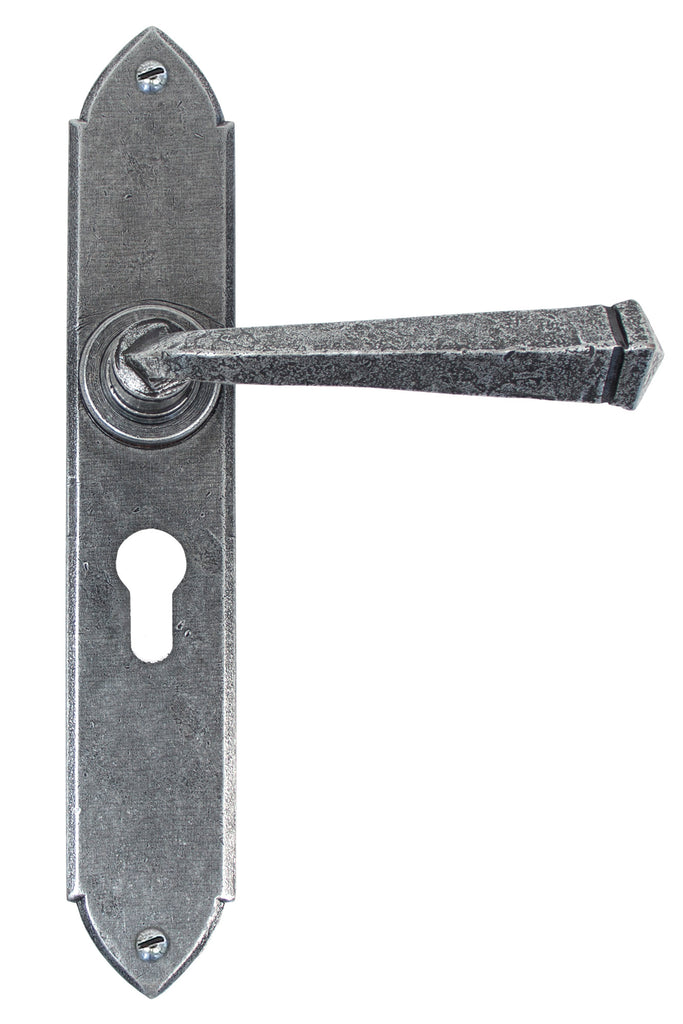 White background image of From The Anvil's Pewter Patina Gothic Lever Euro Lock Set | From The Anvil