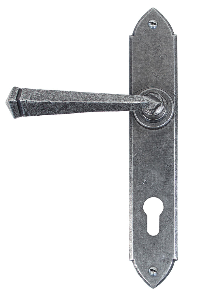 White background image of From The Anvil's Pewter Patina Gothic Lever Espag. Lock Set | From The Anvil