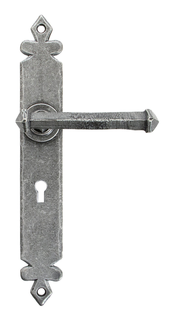 White background image of From The Anvil's Pewter Patina Tudor Lever Lock Set | From The Anvil