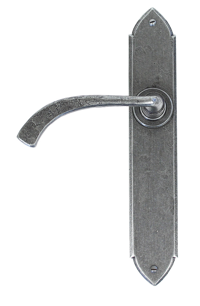 White background image of From The Anvil's Pewter Patina Gothic Curved Sprung Lever Latch Set | From The Anvil