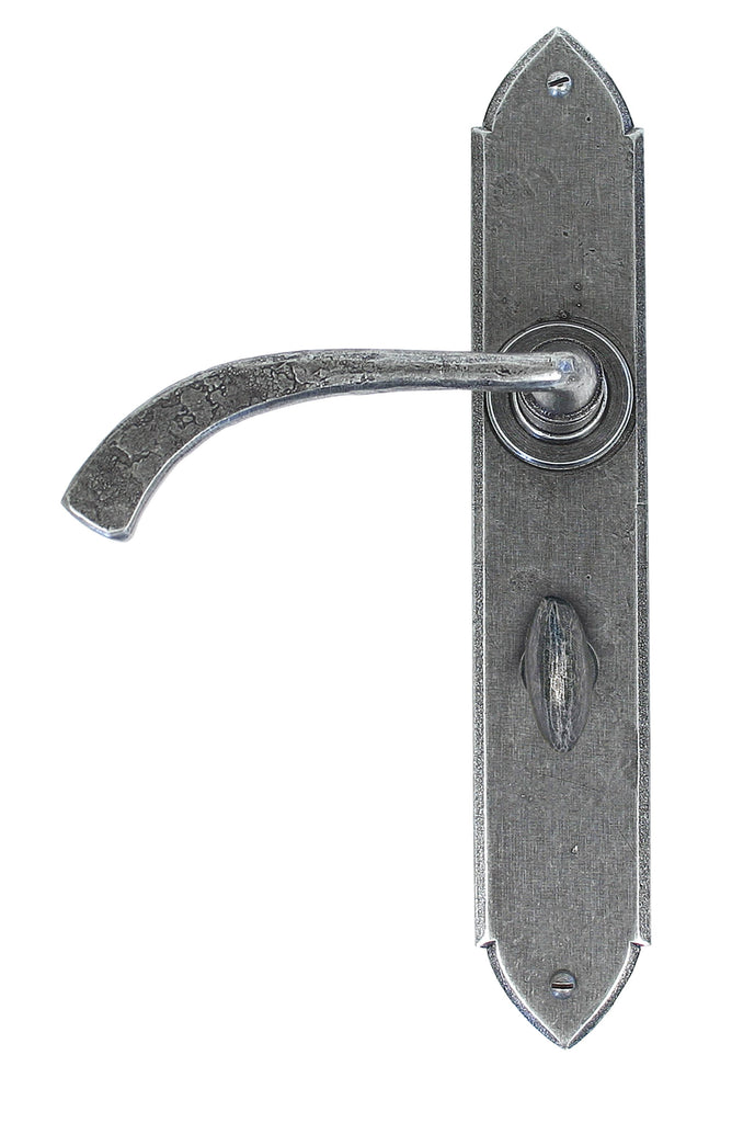 White background image of From The Anvil's Pewter Patina Gothic Curved Lever Bathroom Set | From The Anvil