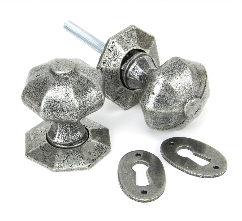 White background image of From The Anvil's Pewter Patina Octagonal Mortice/Rim Knob Set | From The Anvil