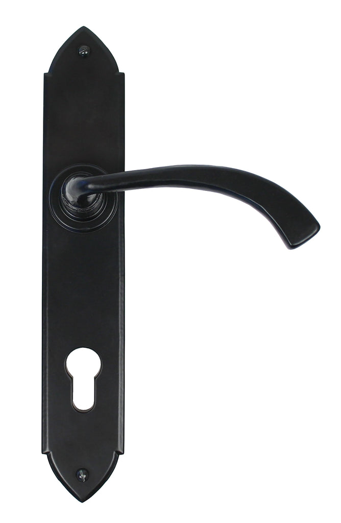 White background image of From The Anvil's Black Gothic Curved Lever Espag. Lock Set | From The Anvil