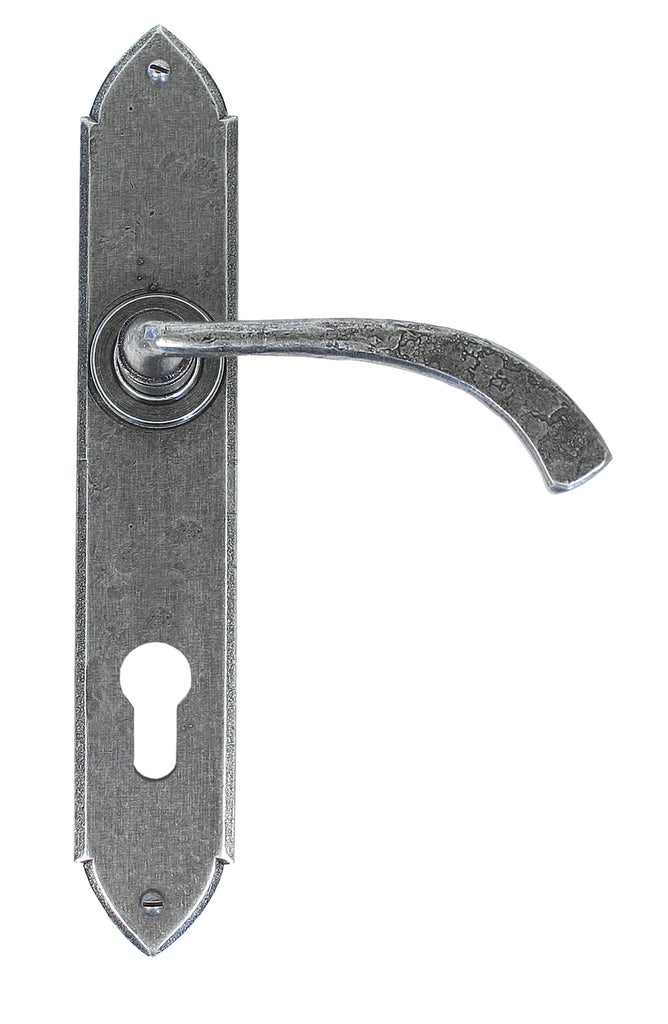 White background image of From The Anvil's Pewter Patina Gothic Curved Lever Espag. Lock Set | From The Anvil