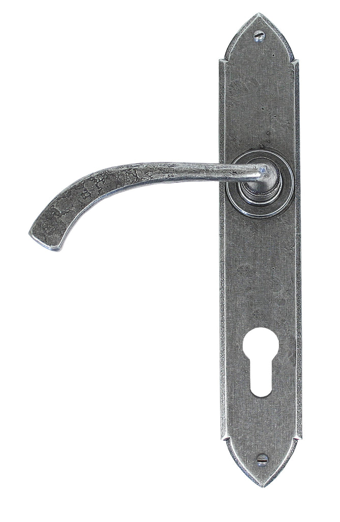 White background image of From The Anvil's Pewter Patina Gothic Curved Lever Espag. Lock Set | From The Anvil