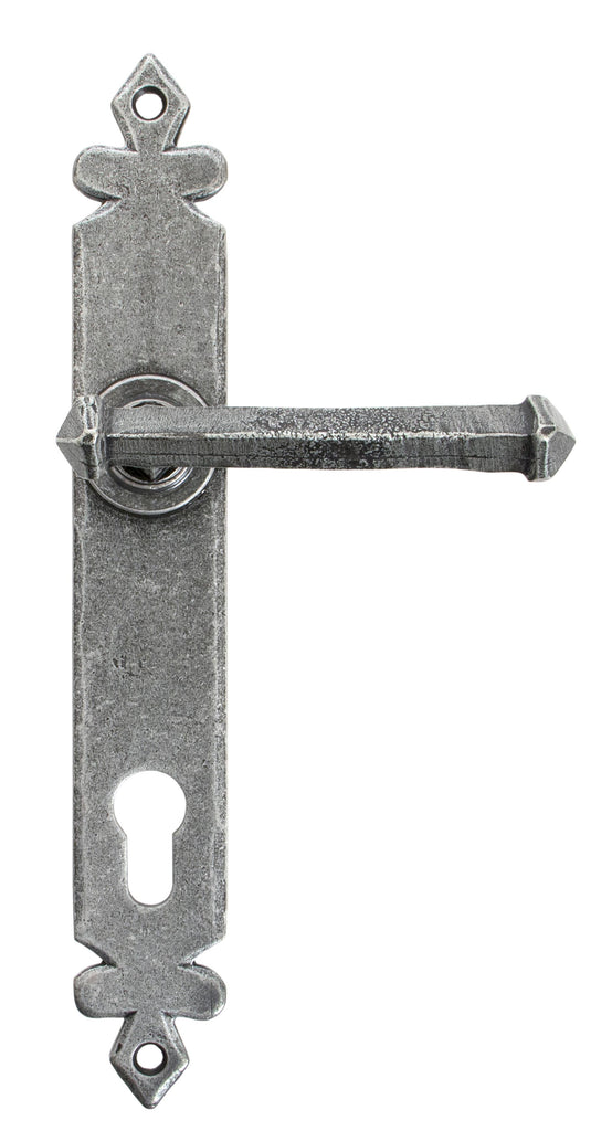 White background image of From The Anvil's Pewter Patina Tudor Lever Espag. Lock Set | From The Anvil